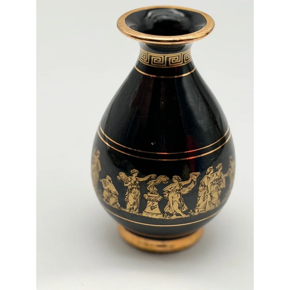 D. Vassilopoulos Greece Hand Made 24K Gold Black Ceramic Bud Vase Greek Figures